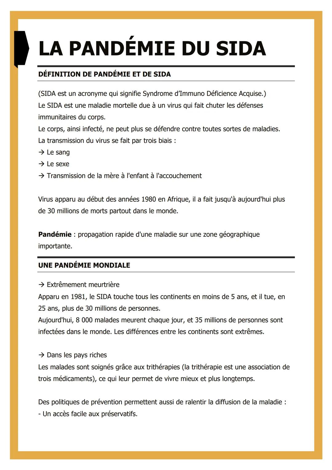 # LA PANDÉMIE DU SIDA
## DÉFINITION DE PANDÉMIE ET DE SIDA
(SIDA est un acronyme qui signifie Syndrome d'Immuno Déficience Acquise.)
Le SI