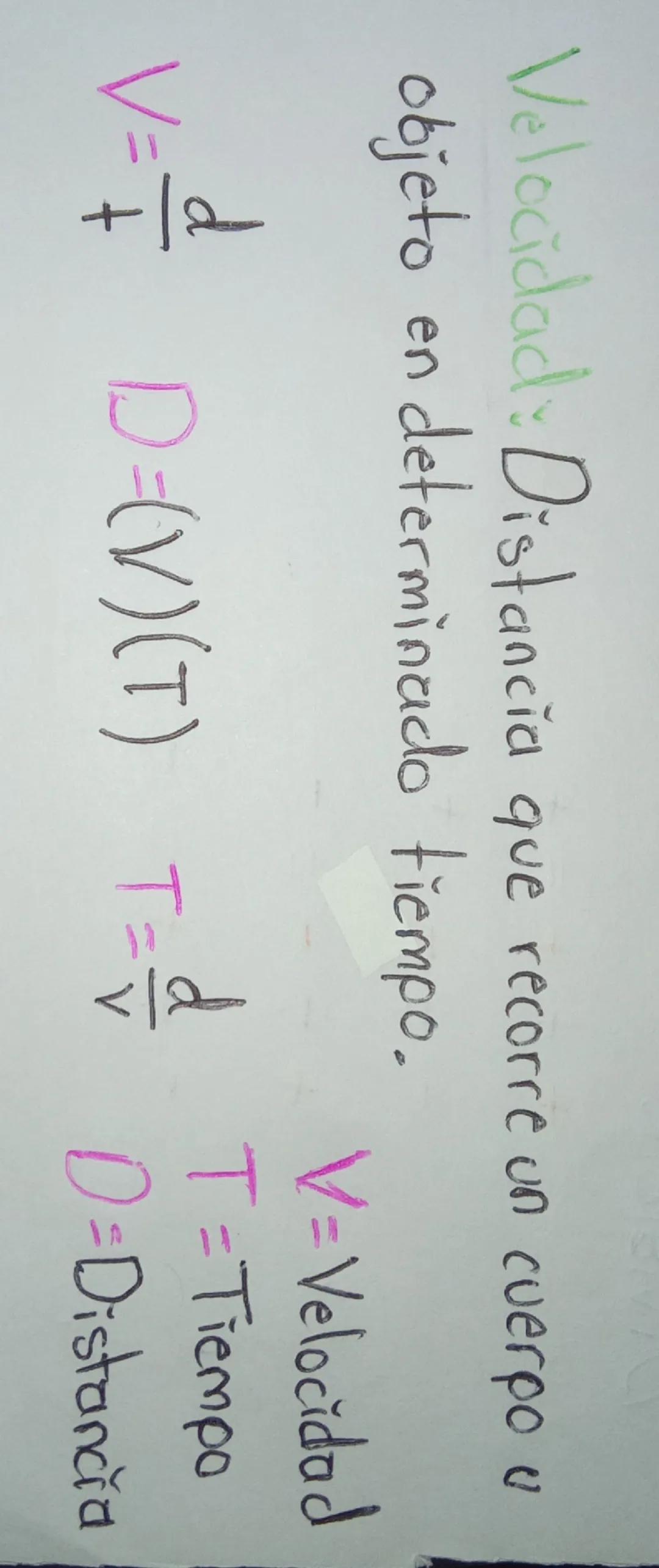 Velocidad: Distancia que recorre un cuerpo u
objeto en determinado tiempo.
d
V=Velocidad
T=Tiempo
V= + D =(V) (T) T= D = Dis
D=Distancia