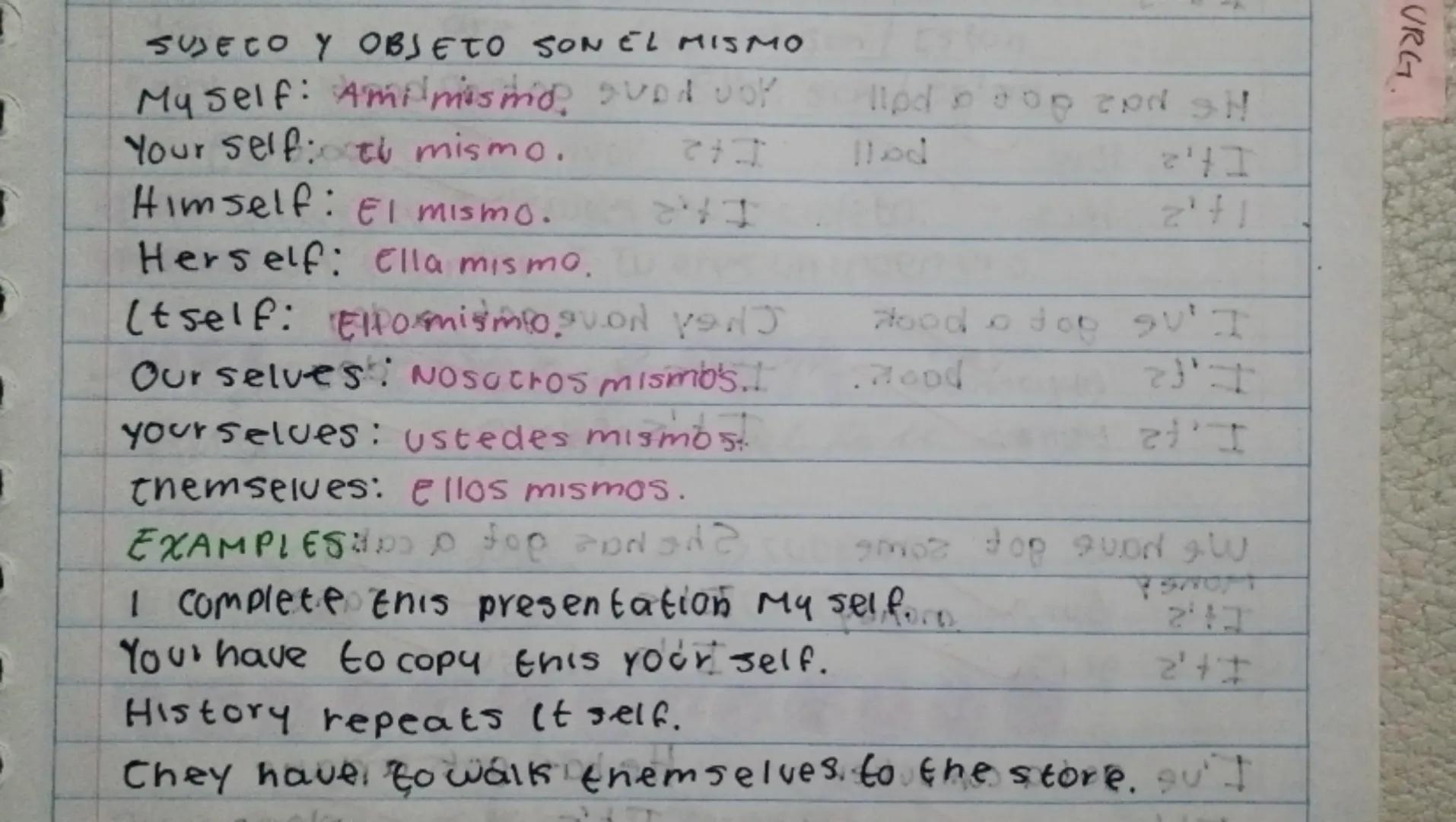 SUJECO Y OBJETO SON EL MISMO
Myself: Amimismo, vod DOK
Your self:oth mismo.
で
Himself: El mismo.
Herself: ella mismo.
(tself: ElDormismo J
O