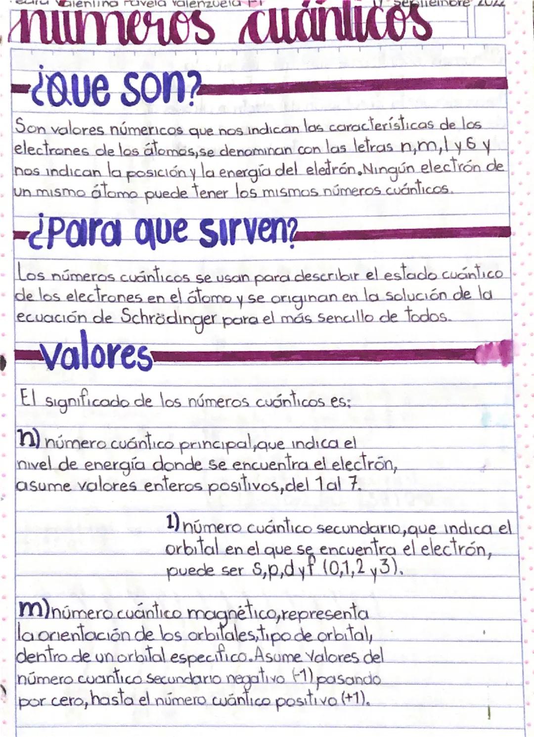 # Laura Valentina ravela valenzuela FI 17 septiembre 2022
# numeros cuánticos
-¿Que son?
Son valores númericos que nos indican las caract