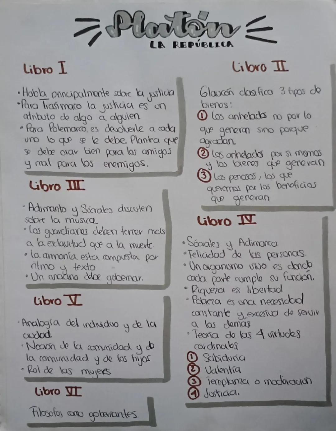 Libro I
> Platon =
LA REPÚBLICA
•Habla principalmente sobre la justicia
•Para Trasimaco la justicia es un
atnbuto de algo a alguien
• Para P