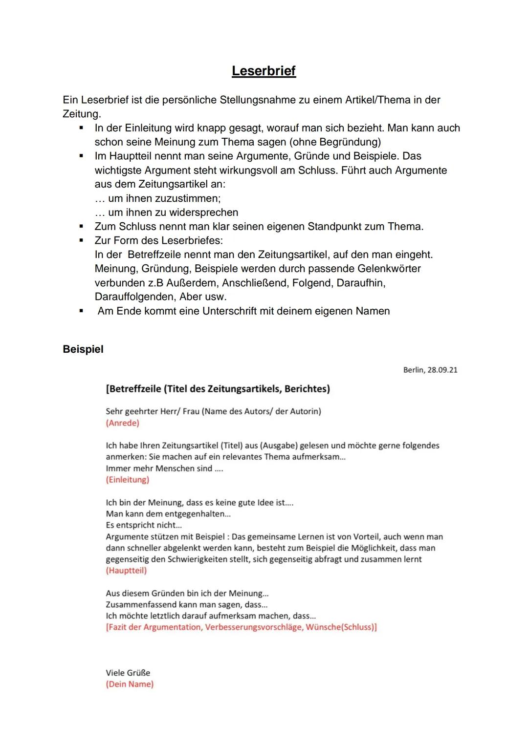 # Leserbrief
Ein Leserbrief ist die persönliche Stellungsnahme zu einem Artikel/Thema in der
Zeitung.
- In der Einleitung wird knapp gesag