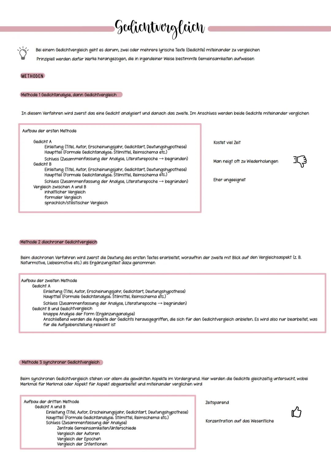 # Gedichtvergleich
Bei einem Gedichtvergleich geht es darum, zwei oder mehrere lyrische Texte (Gedichte) miteinander zu vergleichen
Prinzip