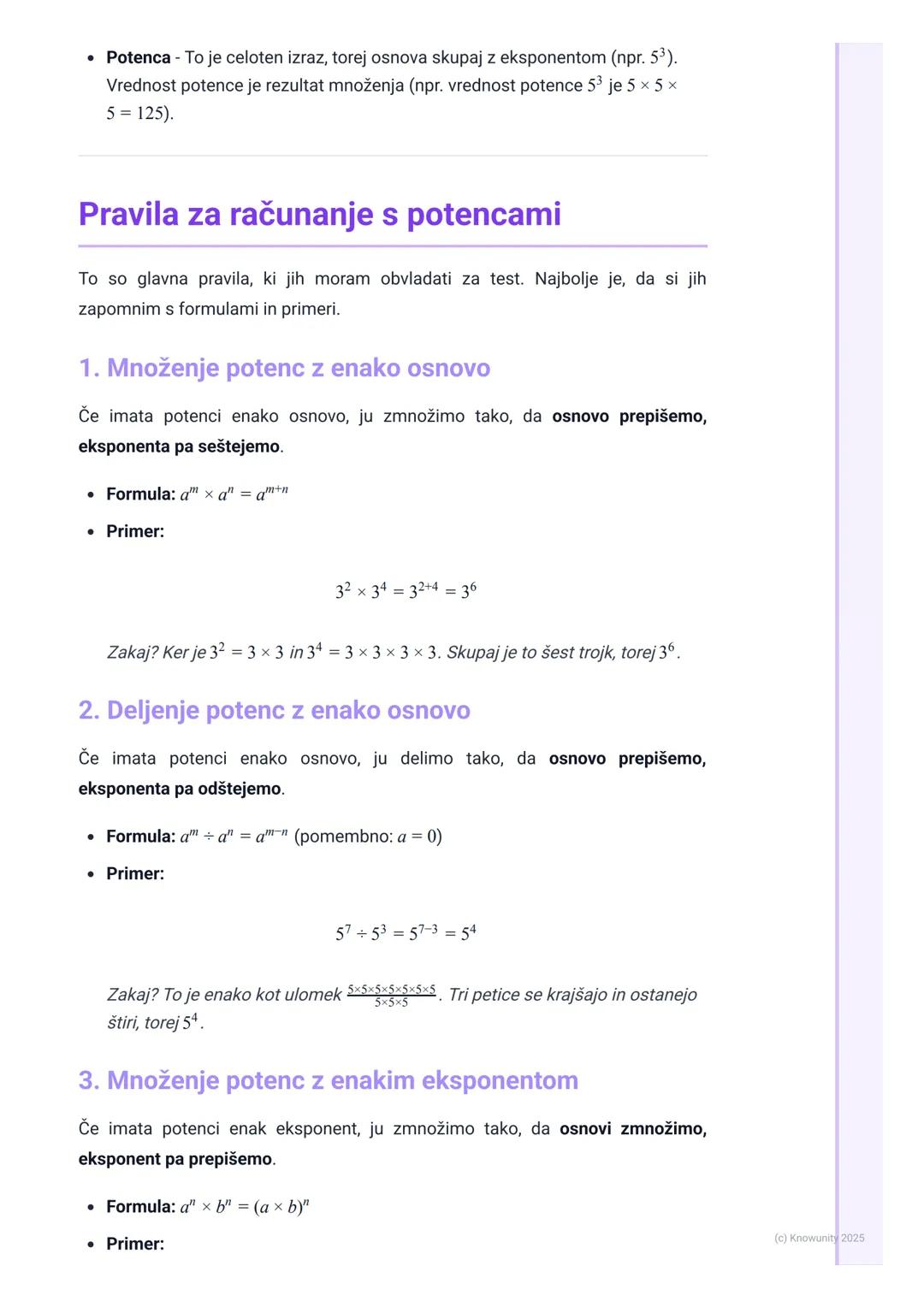 # Potence
## Kaj so potence?
Potence so v bistvu samo krajši način za zapis množenja istega števila večkrat
zapored. Namesto da pišemo 2×2