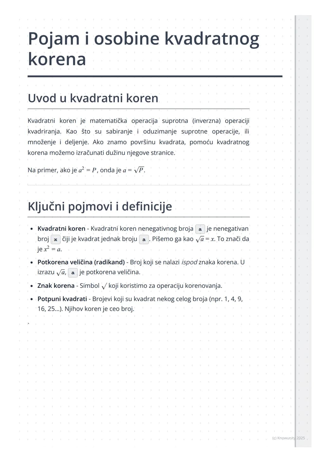 # Pojam i osobine kvadratnog
korena
Uvod u kvadratni koren
Kvadratni koren je matematička operacija suprotna (inverzna) operaciji
kvadrira