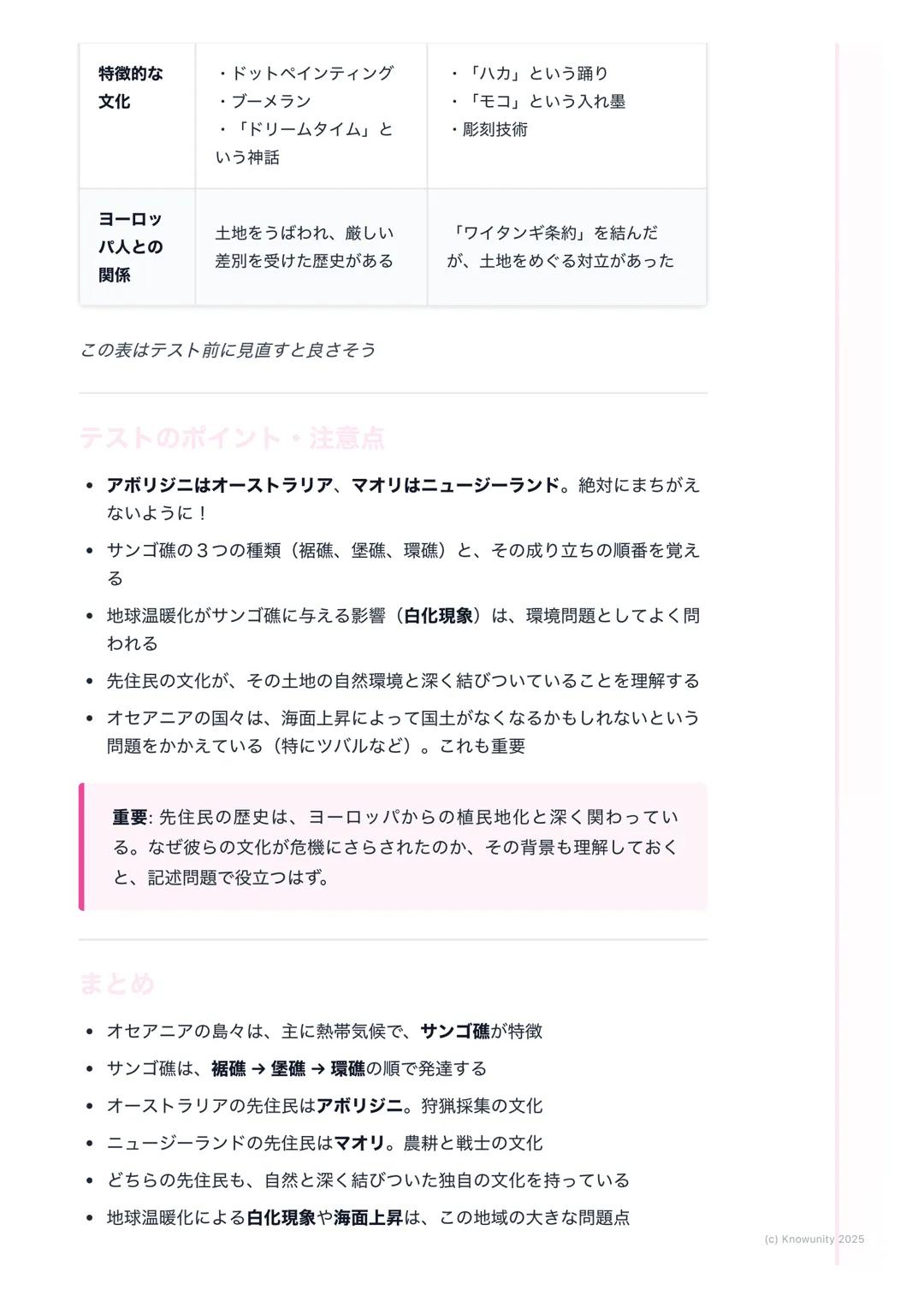 # 島々の自然と文化
オセアニアの島々の概要
オセアニア州は、太平洋にちらばるたくさんの島々からできている島々は、そ
の成り立ちや文化から、ミクロネシア、メラネシア、ポリネシアの3つの地域に
分けられるこの地域の多くは一年中あたたかい気候で、きれいな海が特徴
大事な用語と基