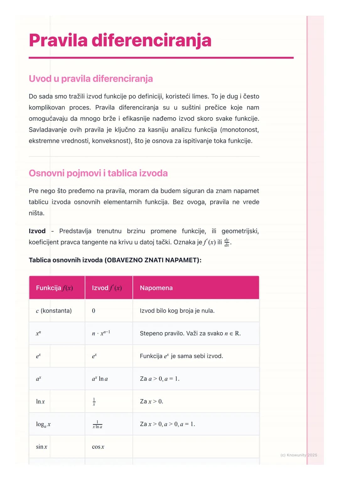 # Pravila diferenciranja
Uvod u pravila diferenciranja
Do sada smo tražili izvod funkcije po definiciji, koristeći limes. To je dug i čest