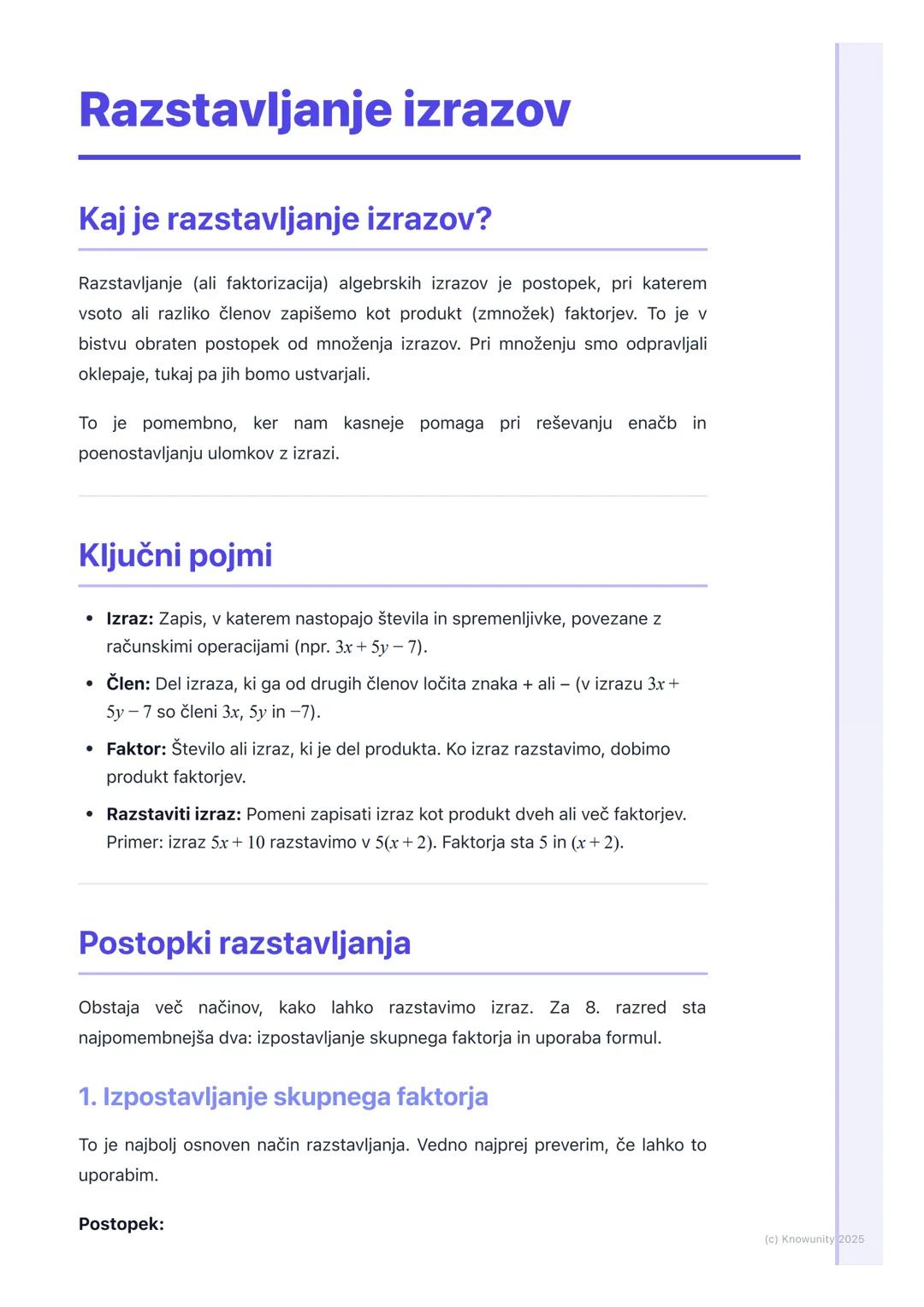 # Razstavljanje izrazov
Kaj je razstavljanje izrazov?
Razstavljanje (ali faktorizacija) algebrskih izrazov je postopek, pri katerem
vsoto