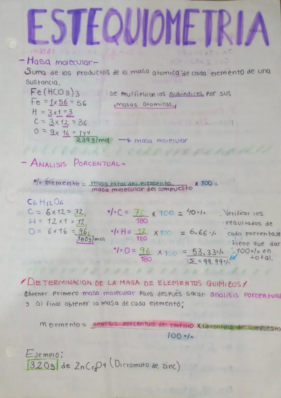 # ESTEQUIOMETRIA
-Masa molecular-
Suma de los productos de 10 masa atomica de cada elemento de una
Sustancia,
Fe (HCO3)3 se multiplicanios