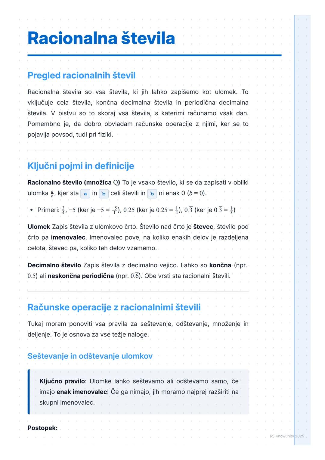 # Racionalna števila
## Pregled racionalnih števil
Racionalna števila so vsa števila, ki jih lahko zapišemo kot ulomek. Το
vključuje cela