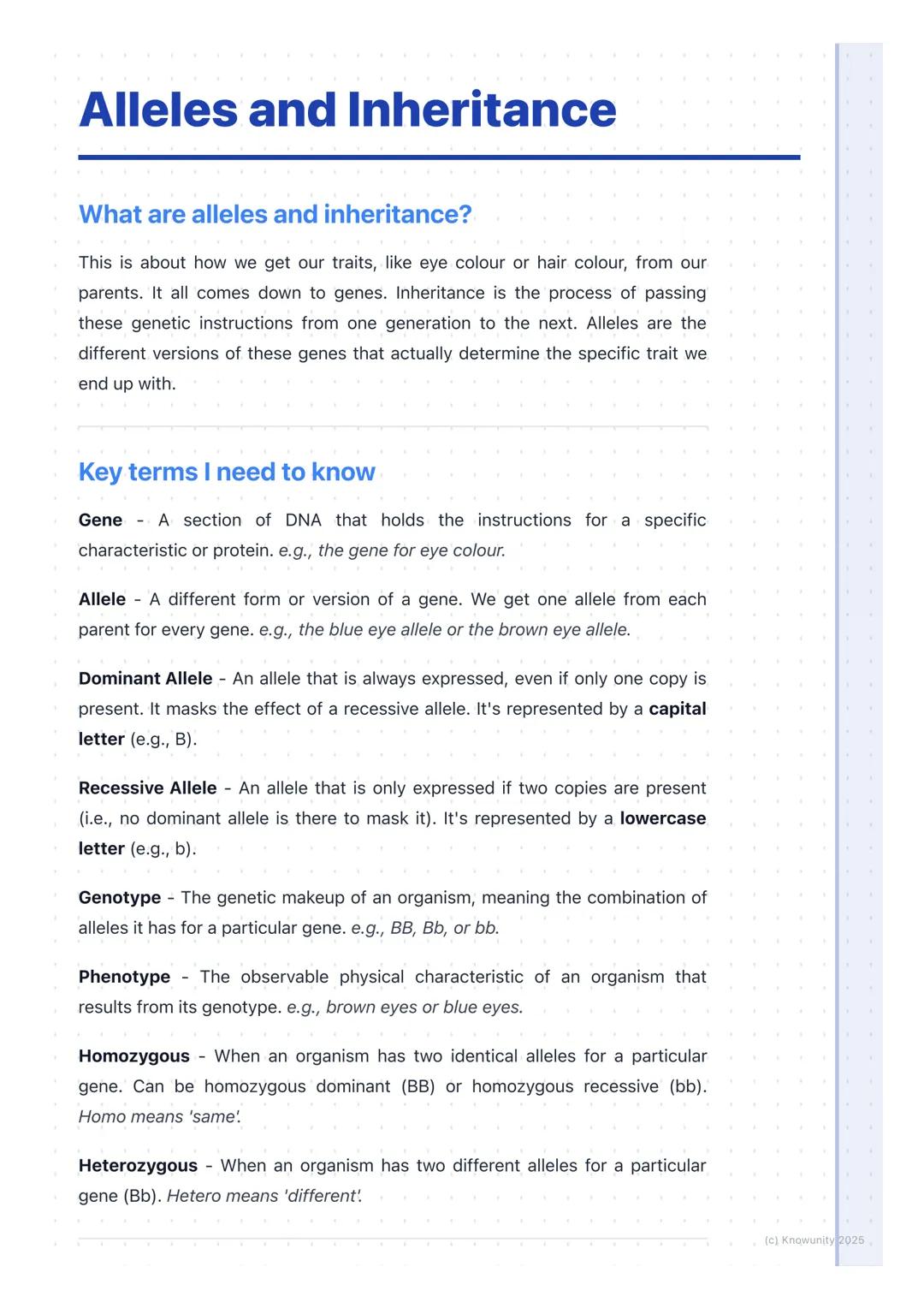 # Alleles and Inheritance
What are alleles and inheritance?
This is about how we get our traits, like eye colour or hair colour, from our