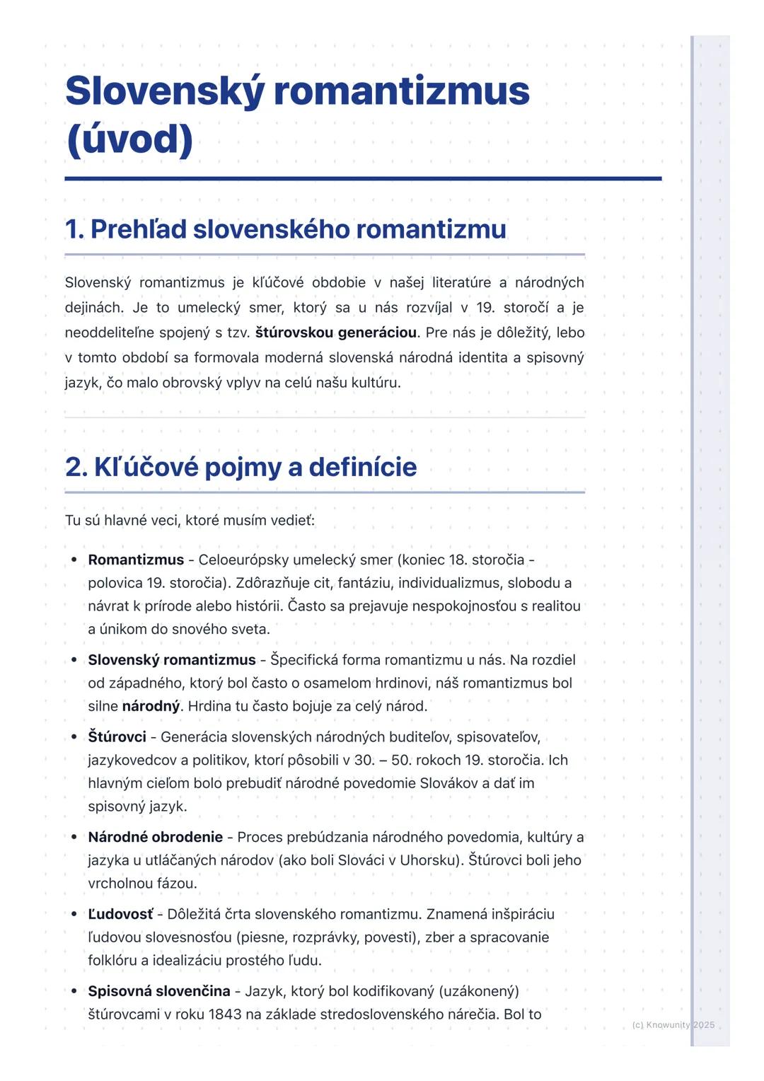 # Slovenský romantizmus
(úvod)
1. Prehľad slovenského romantizmu
Slovenský romantizmus je kľúčové obdobie v našej literatúre a národných
d