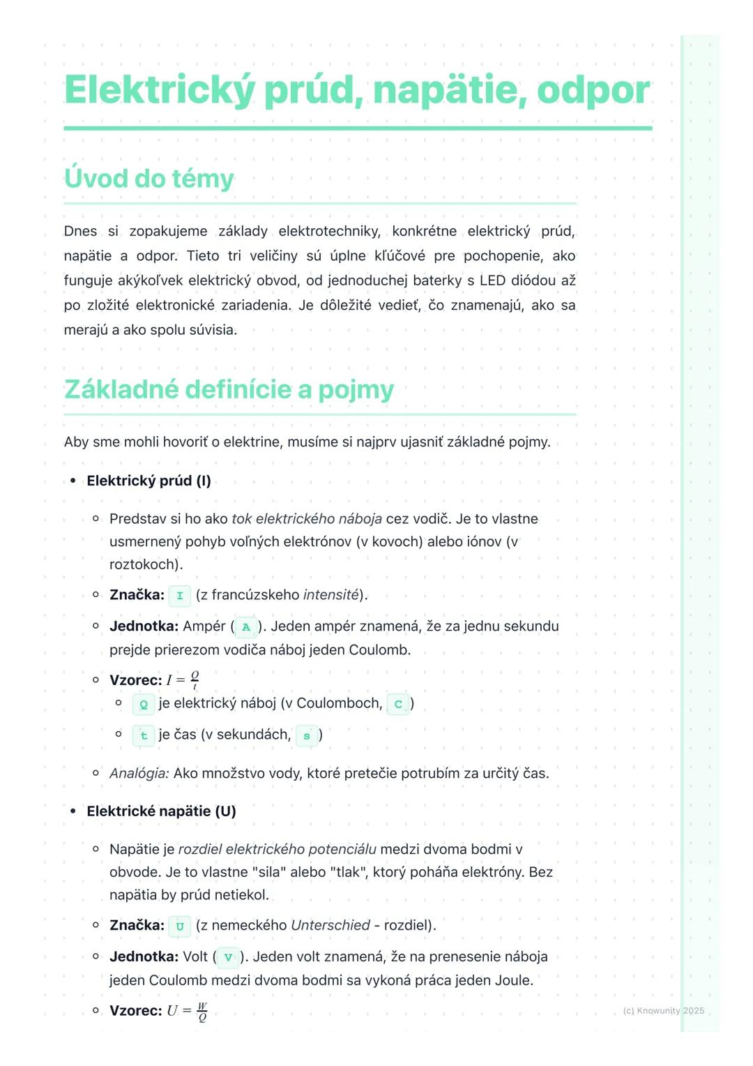 # Elektrický prúd, napätie, odpor
Úvod do témy
Dnes si zopakujeme základy elektrotechniky, konkrétne elektrický prúd,
napätie a odpor. Tie