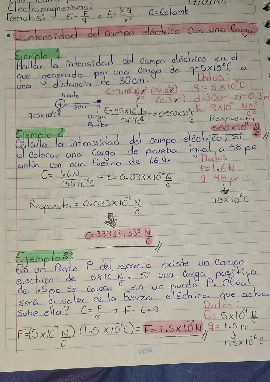 # Electromagnetismo
Formulas: $E = \frac{F}{q}$ o $E = \frac{kq}{r^2}$ C=Colomb
* Intensidad del campo eléctrico Con una Carga
## Ejempl