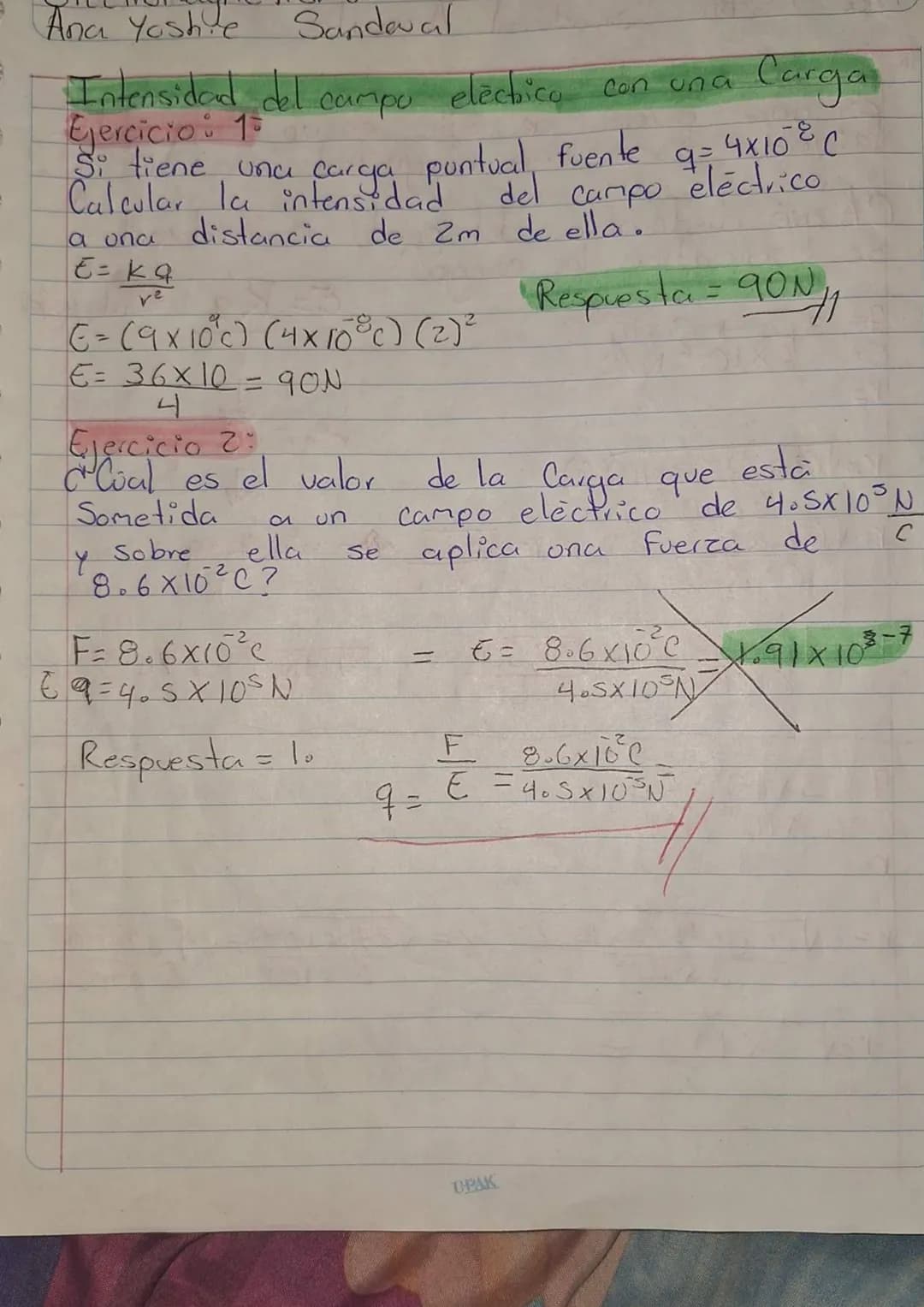 # Electromagnetismo
Formulas: $E = \frac{F}{q}$ o $E = \frac{kq}{r^2}$ C=Colomb
* Intensidad del campo eléctrico Con una Carga
## Ejempl