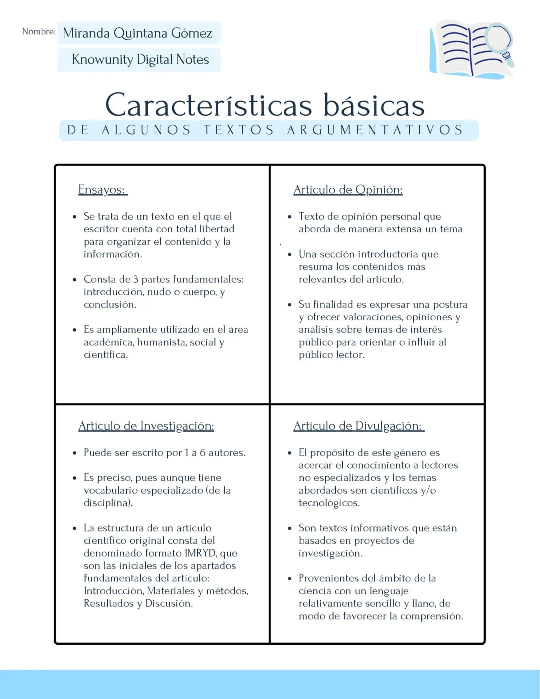 Nombre: Miranda Quintana Gómez
Knowunity Digital Notes
# Características básicas
DE ALGUNOS TEXTOS ARGUMENTATIVOS
### Ensayos:
* Se trata d