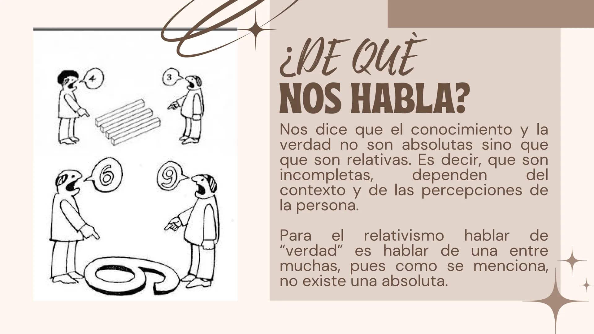 EL
RELATIVISMO
ANGEL BRAVO
MICHELLE ELIZALDE # ¿DE QUÈ NOS HABLA?
Nos dice que el conocimiento y la verdad no son absolutas sino que que so