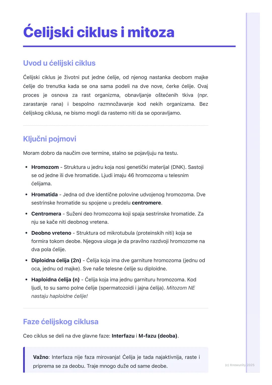 # Ćelijski ciklus i mitoza
Uvod u ćelijski ciklus
Ćelijski ciklus je životni put jedne ćelije, od njenog nastanka deobom majke
ćelije do t