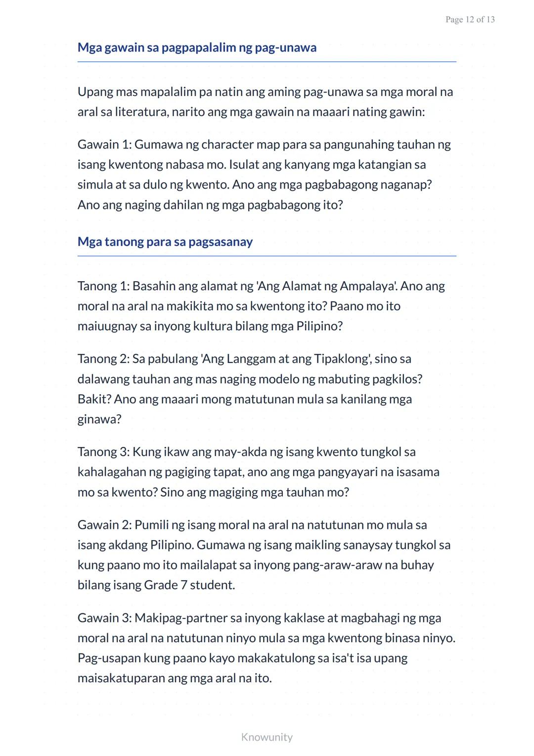 # Pagsusuri ng mga Aral sa Piling Akdang Pampanitikan
Pag-aaral kung paano hanapin at unawain ang mga moral na aral sa literatura
## Mga L