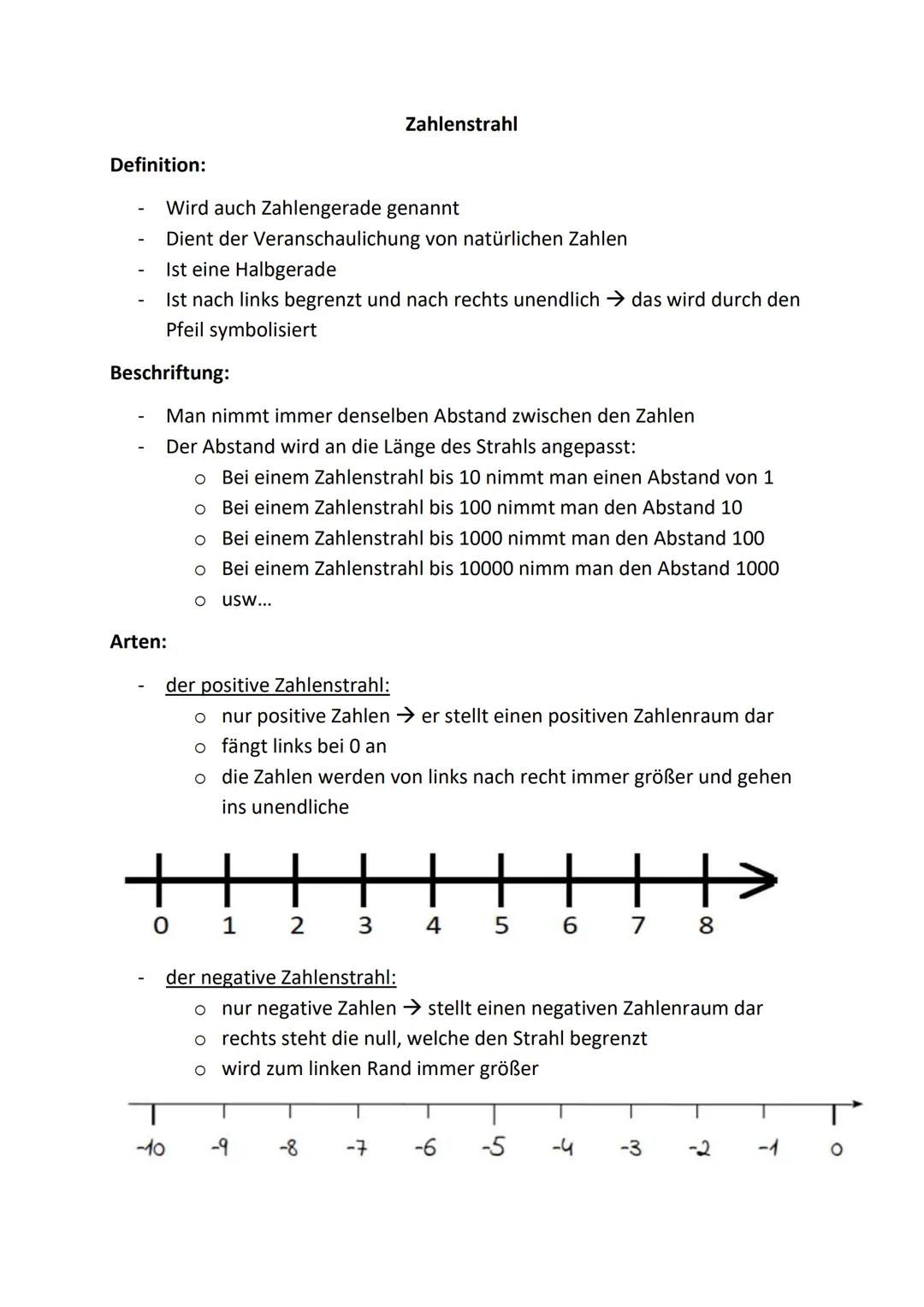Zahlenstrahl
Definition:
- Wird auch Zahlengerade genannt
- Dient der Veranschaulichung von natürlichen Zahlen
- Ist eine Halbgerade
- Ist
