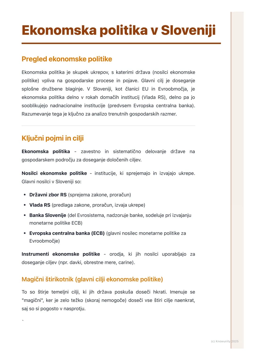 # Ekonomska politika v Sloveniji
Pregled ekonomske politike
Ekonomska politika je skupek ukrepov, s katerimi država (nosilci ekonomske
pol