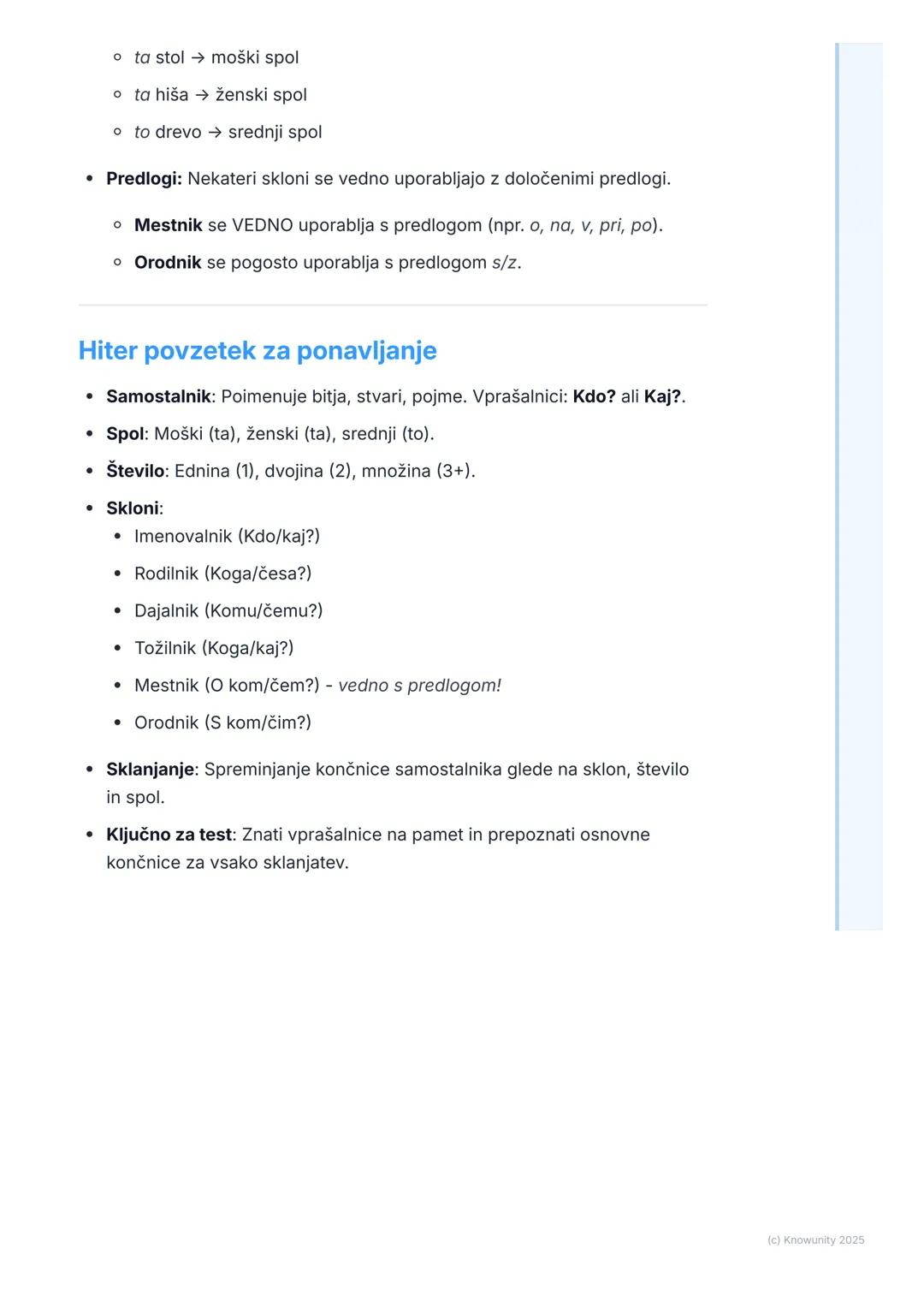 # Samostalnik
Kaj je samostalnik
Samostalnik je beseda, s katero poimenujemo bitja (npr. učenec, pes, Ana),
stvari (npr. miza, zvezek, tel