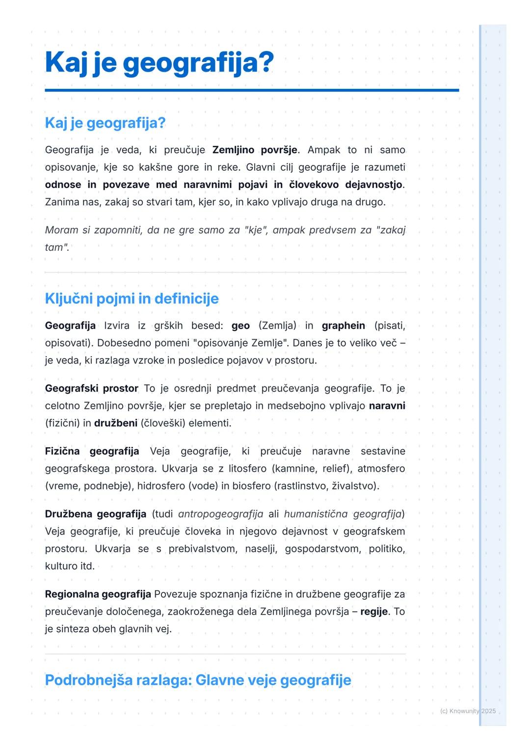 # Kaj je geografija?
Kaj je geografija?
Geografija je veda, ki preučuje Zemljino površje. Ampak to ni samo
opisovanje, kje so kakšne gore