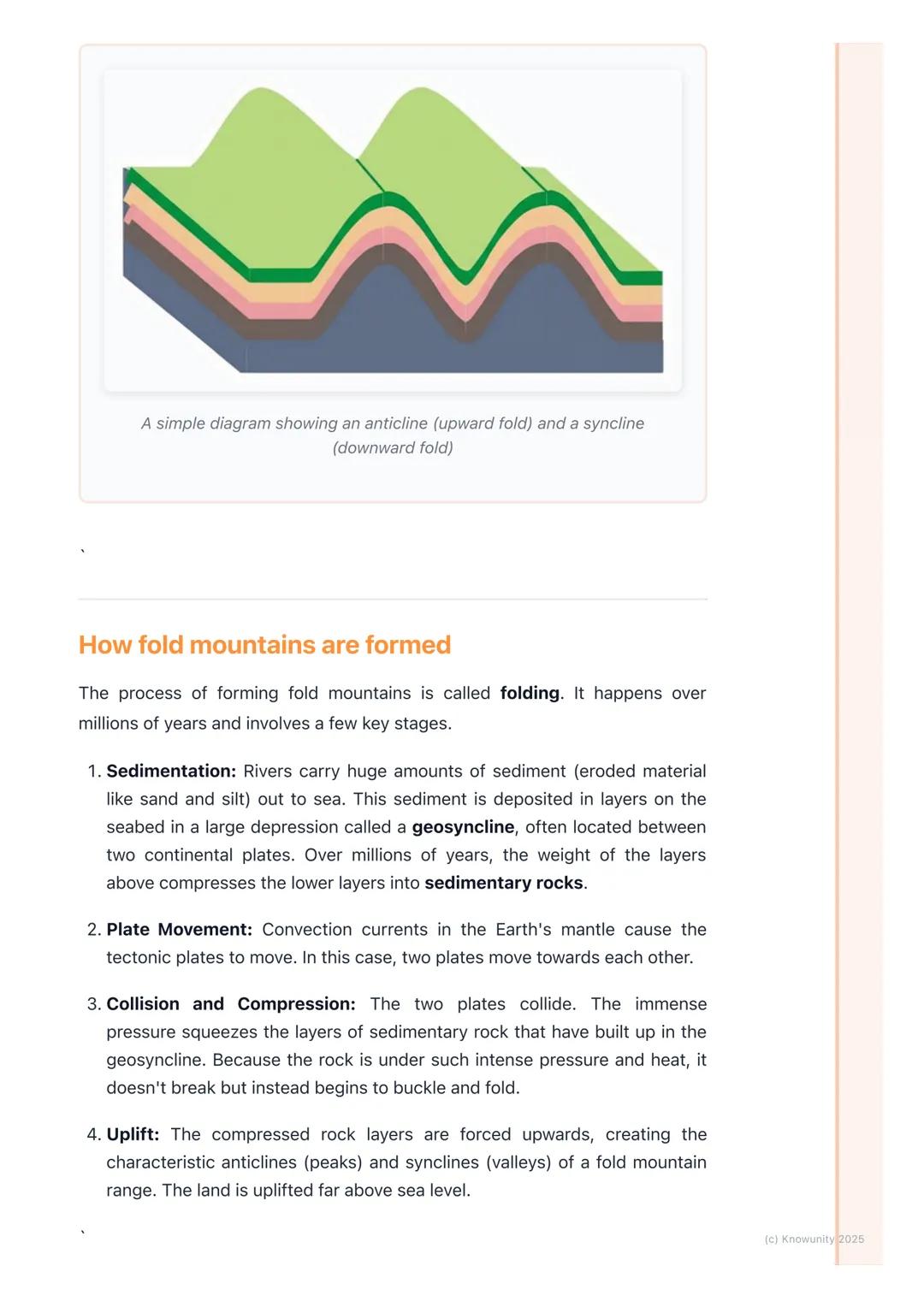 # Fold Mountains
What are fold mountains?
Fold mountains are the most common type of mountain on Earth. They are
created when two of the E