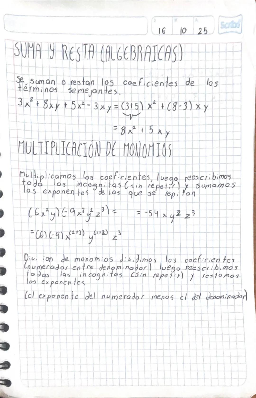 # SUMA Y RESTA (ALGEBRAICAS)
Se, suman o restan los coeficientes de los
términos semejantes.
$3x²+ 8xy + 5x²-3xy = (315) x² + (8-3) x y$
$