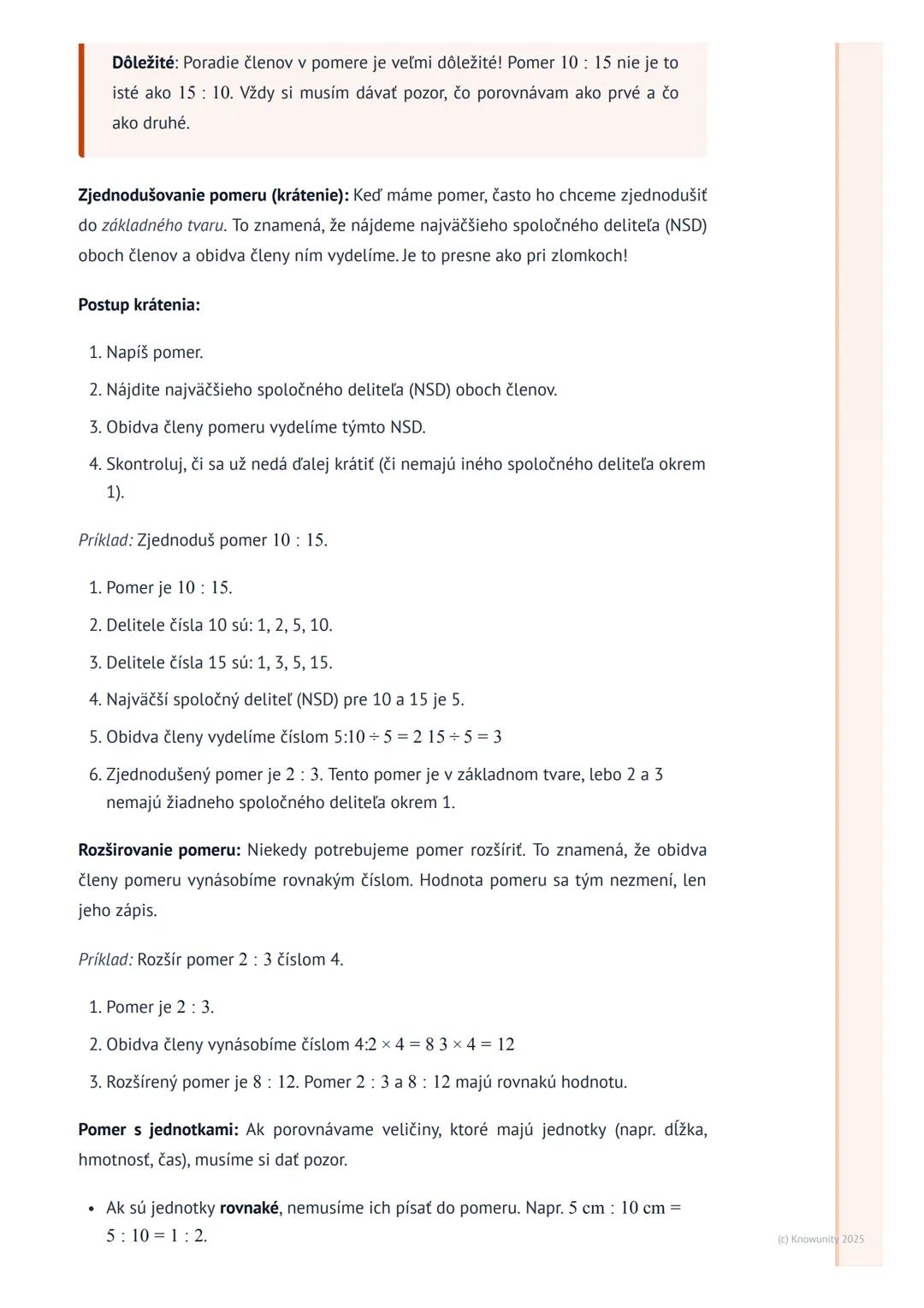 # Pomer
1. Prehľad pomeru
Pomer je spôsob, ako porovnávame dve alebo viac čísel, ktoré hovoria o množstve
niečoho. Ukazuje nám, koľkokrát