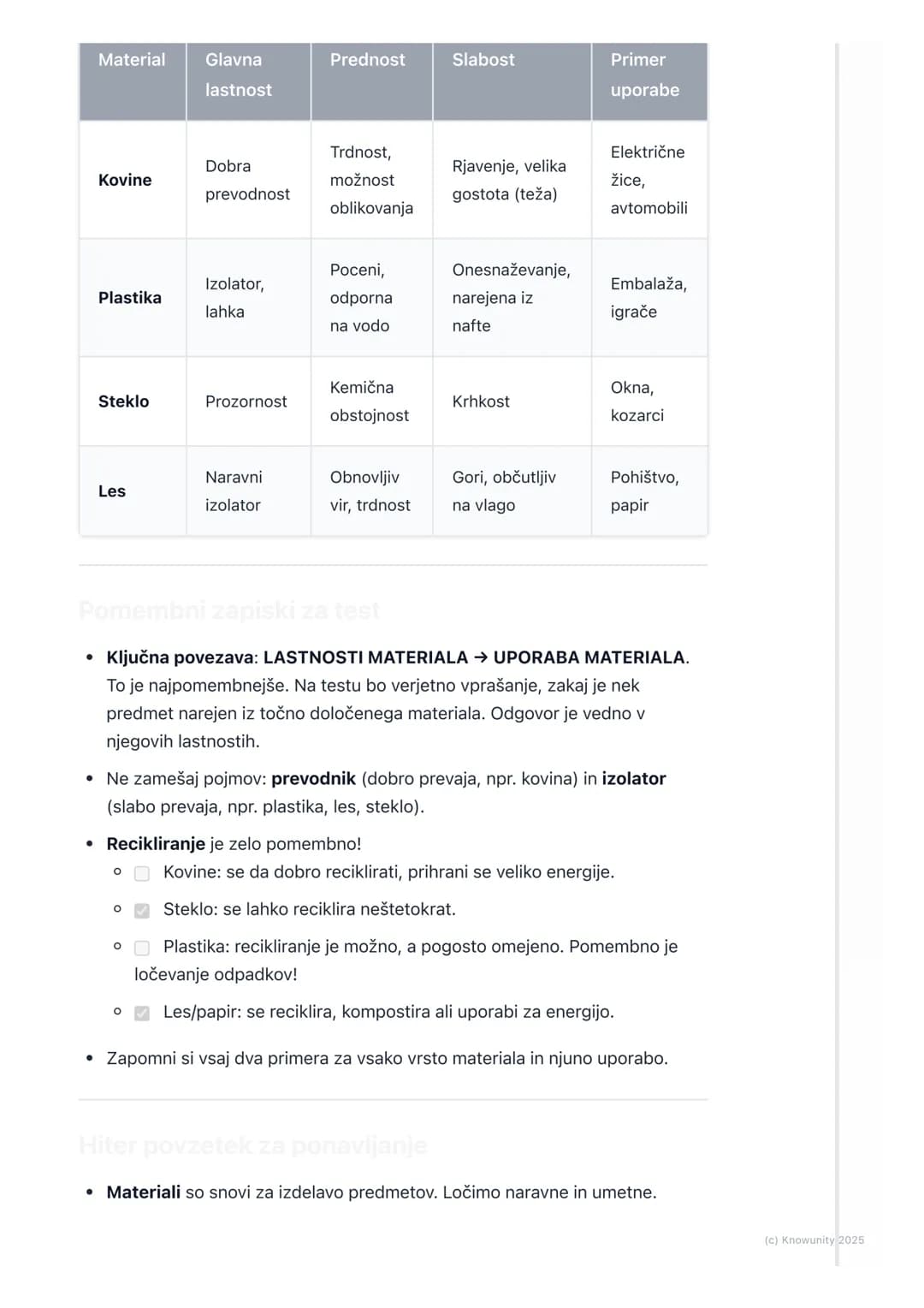 # Materiali okoli nas
Uvod v materiale
Materiali so snovi, iz katerih so narejeni predmeti okoli nas. Vse, od stola, na
katerem sedim, do