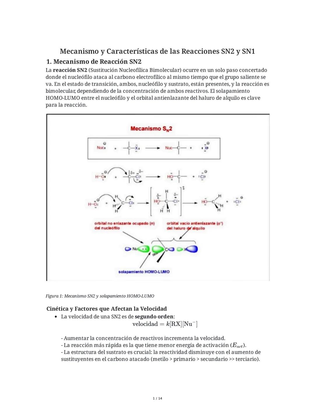 ## Mecanismo y Características de las Reacciones SN2 y SN1
### 1. Mecanismo de Reacción SN2
La reacción SN2 (Sustitución Nucleofílica Bimo